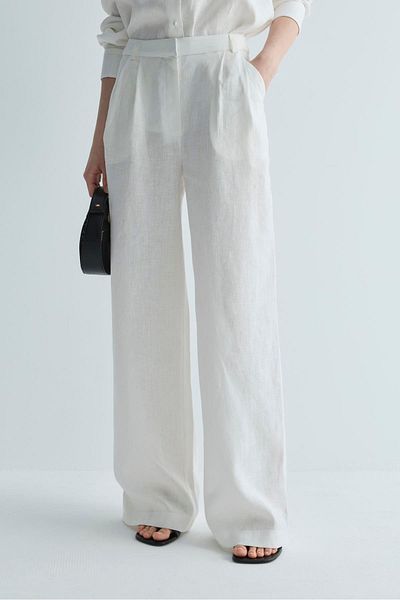Suud Collection White 100% Linen Nora Pleated Trousers