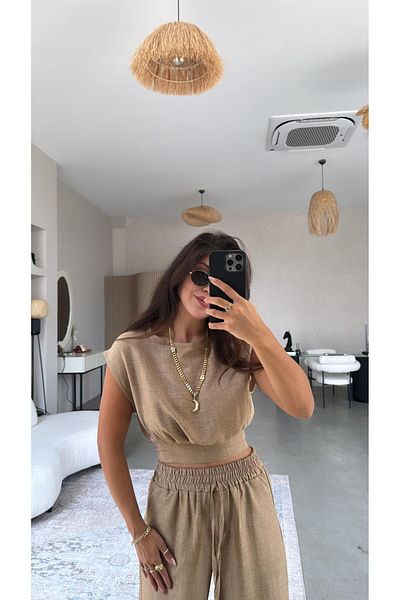 Buket Teke Camel Belt Detailed Trousers Blouse Set