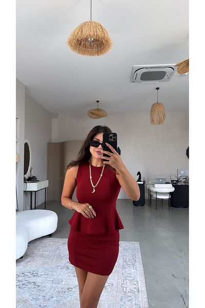 Buket Teke Burgundy Modal Mini Skirt Blouse Set