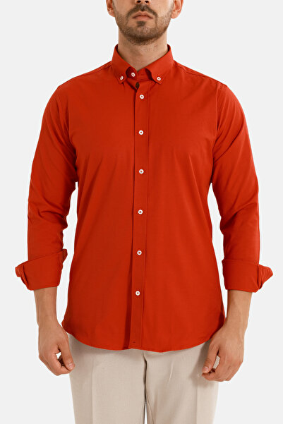 alenmeza Erkek Kırmızı Oxford Düğmeli Yaka Pamuk Likra Slim Fit Casual Cepsiz Gömlek