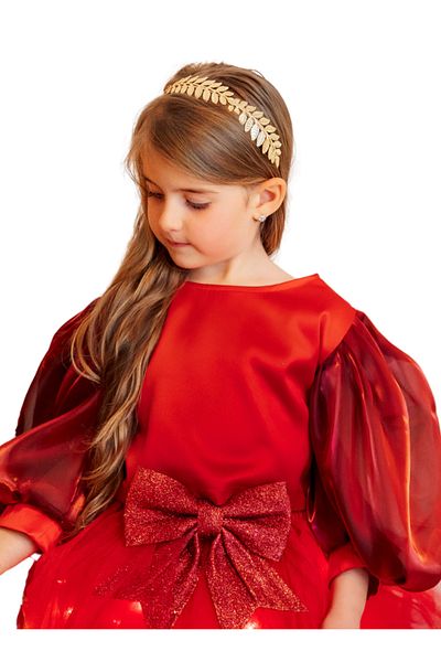 fustite cu luminite Red Taffeta Crop Top With Puff Sleeves - 5-6 Years (110-116 CM)