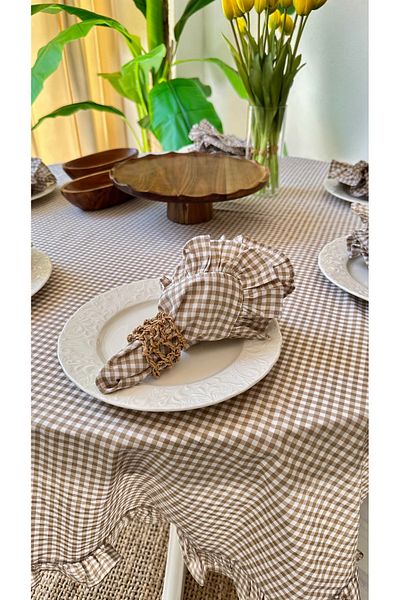 Decamor home 6Pcs Thin Linen Fabric Beige Gingham Ruffle Fabric Napkin