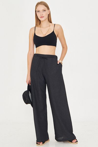 armonika Women's Black Linen Look Elastic Waist Pocket Lacing Detailed Lined Loose Trousers Arm-25Y001078