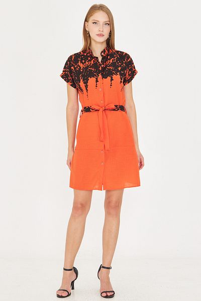 armonika Women's Orange Judge Collar Short Sleeve Waist Belted Shirt Dress Arm-25Y001054