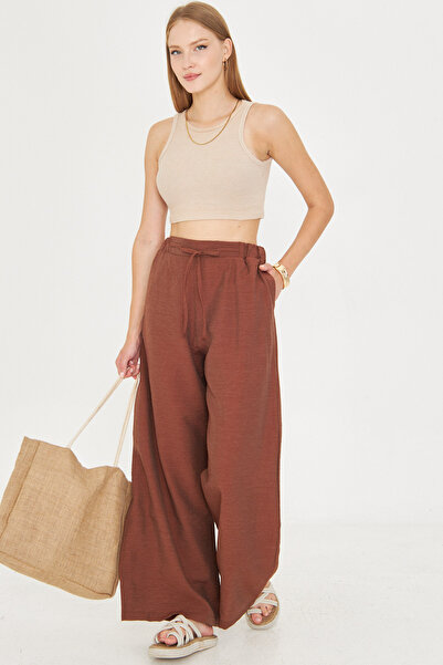 armonika Women's Brown Elastic Waist Pocket Tie Detail Loose Trousers Arm-25Y001077