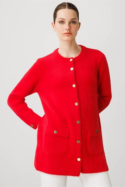 Desen Triko Women's Crew Neck Metal Button Araboy Aphrodite Knitwear Jacket Y.Red