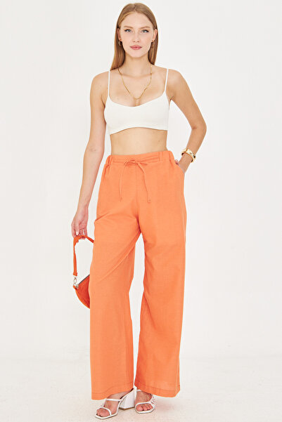 armonika Women's Orange Linen Look Elastic Waist Pocket Lacing Detailed Lined Loose Trousers Arm-25Y001078