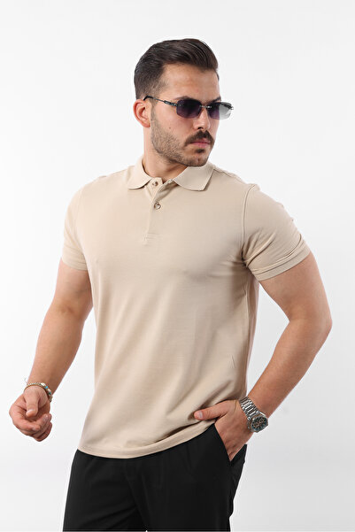 comstar Men's Cotton Basic Cream Polo Neck T-Shirt