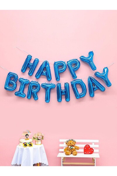 parti pera Lacivert Happy Birthday Folyo Balon Seti 16 inç 40 cm