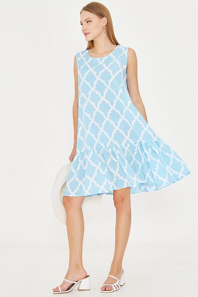 armonika Rochie cu volane pentru femei, cu model albastru-ecru, fără mâneci ARM-22K001142