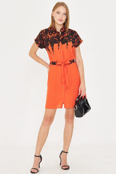 armonika Women's Orange Judge Collar Short Sleeve Waist Belted Shirt Dress Arm-25Y001054