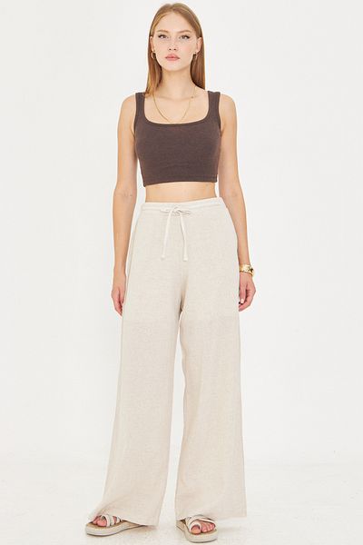 armonika Women's Cream Linen Look Elastic Waist Pocket Lacing Detailed Lined Loose Trousers Arm-25Y001078