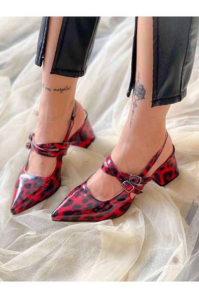 BERFONA Veroni̇ka Red Leopard Patent Leather Banded Buckle 5 cm Heel Sandals