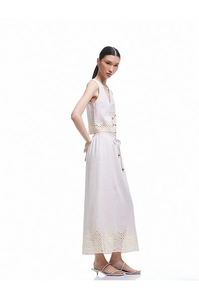 Koton Linen Blend Tie Waist A-Line Crochet Detail Long Skirt