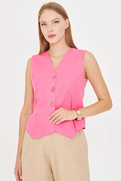 armonika Women's Pink V-Neck Body Fitting Linen Look Lined Vest Arm-24Y001111