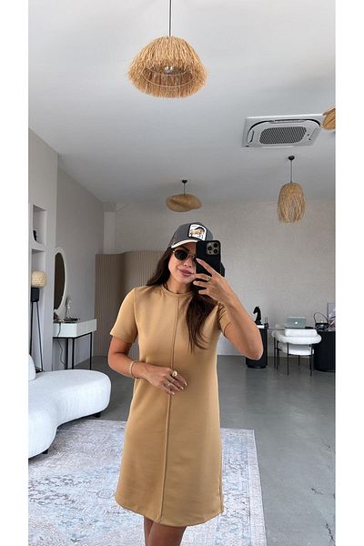 Buket Teke Camel Crew Neck Striped Dress