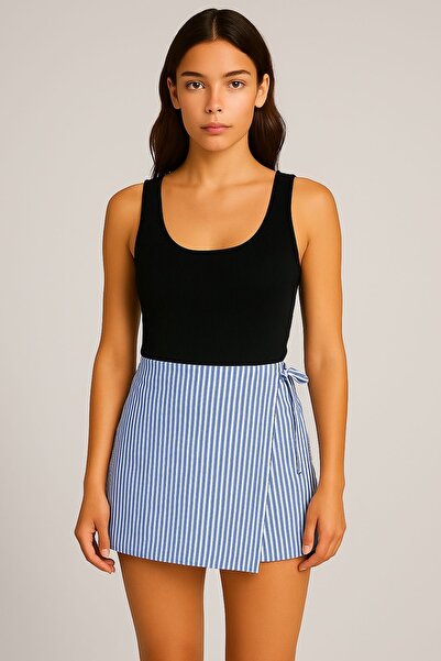 CCTWEAR Çizgili Bağlama Detaylı Su Yolu Burgu ZR Kumaş Esnek Şortlu Etek