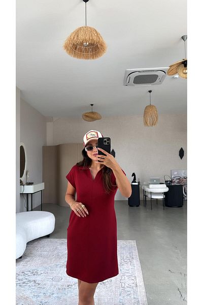 Buket Teke Burgundy Polo Neck Striped Dress