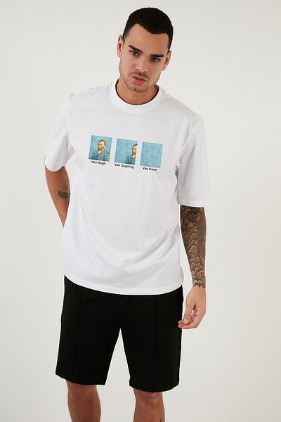 OFFSIDESIGN Unisex Oversize White Combed Cotton T-Shirt Van Gogh Humorous Design Printed T-Shirt Short Sleeve Combed Cotton T-Shirt