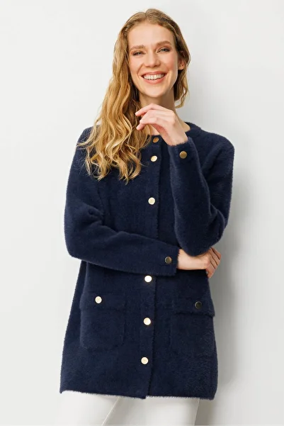 Desen Triko Women's Crew Neck Metal Button Araboy Aphrodite Knitwear Jacket Navy Blue