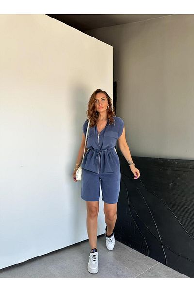 Zerrincan Giyim Navy Blue Vest Zippered Shorts Suit