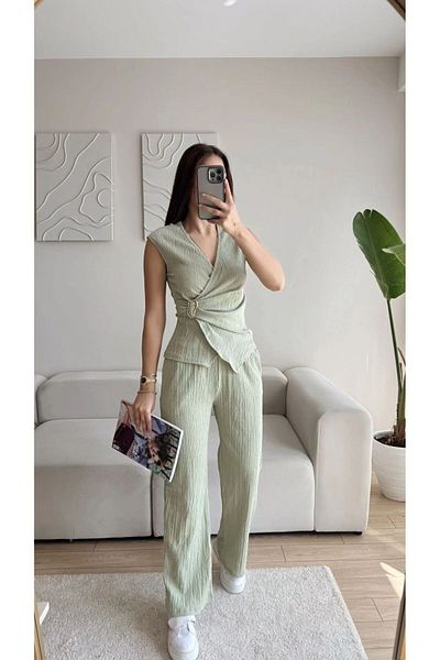 aytenli Double Breasted Collar Side Buckle Top Size Lace up Pocket Palazzo Trousers Wrinkle Suit
