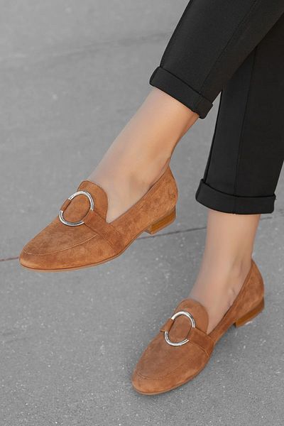 LUXEON Women's Tan Genuine Suede Leather Ring Detailed Loafer Daily Orthopedic Classic Stylish Lightweight Women's Shoes