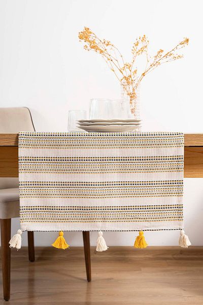 Rivaİstanbul Ruffle Tassel Βαμβακερό Ακατέργαστο Λινό Runner 50x130 cm