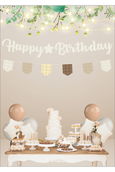 Generic Brand Retro Vanilla Happy Birthday Calligraphy and Banner Set