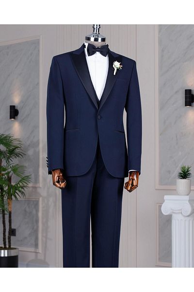 TerziAdemAltun Italian Style Slim Fit Jacket Vest Pants Groom Suit Set Navy Blue T14460