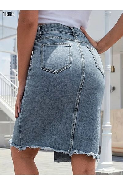 moda wanilia Trend Women's Waist Lycra Pocket Detailed Slit Denim Skirt