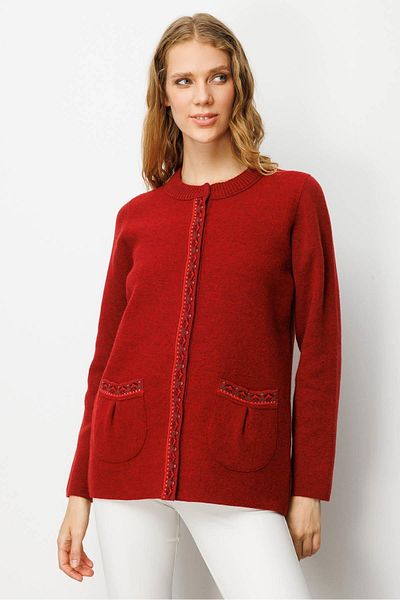 Desen Triko Women's Zero Collar Front Felt Short Wool Coat Y.Red