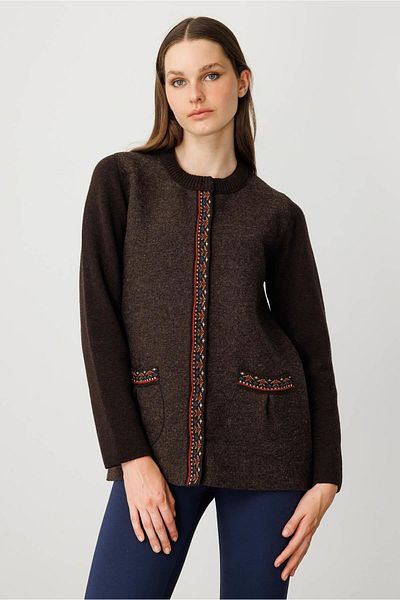 Desen Triko Women's Zero Collar Felt Front Short Wool Coat Dark Brown