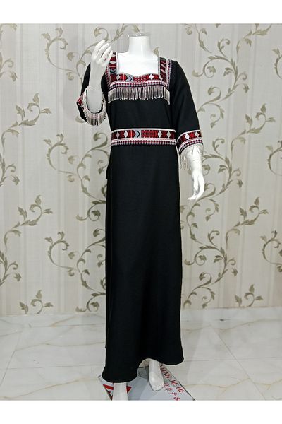 LAİN "Jordanian folkloric jalabiya with red and silver embroidery and elegant tassels - luxurious heritage design"