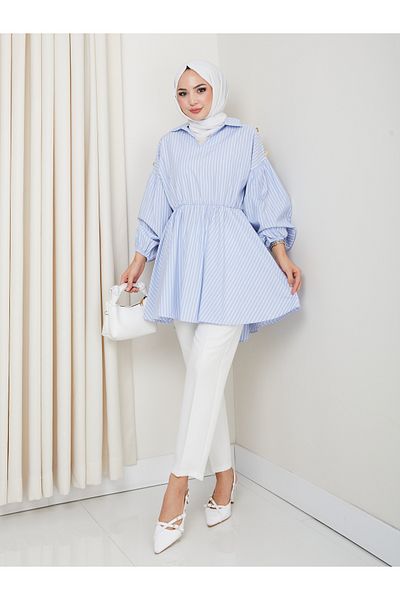 Lucia Fashion Waist Drawstring Elastic V-Neck Striped Comfortable Fit Hijab Tunic