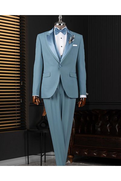 TerziAdemAltun Italian Style Slim Fit Shawl Collar Jacket Vest Pants Groom Suit Set Blue T14335