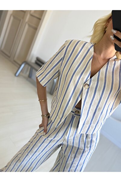 FEHUBLOOM Striped One Button Short Sleeve Jacket Straight Cut Pants Suit