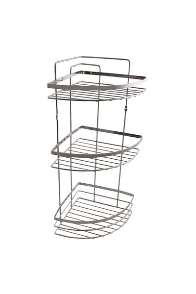 flores Etajera pentru baie, din metal, pe colt, trei rafturi cu rama, crom lucios, 210 x 210 x 550 mm
