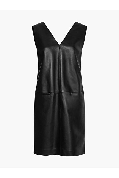 Calvin Klein LEATHER V NECK DRESS Kadın Siyah Elbise