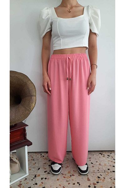 ŞIK VE MUTLU Muslin Linen Loose Cut High Waist Women's Trousers