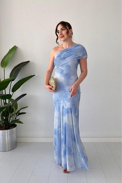 MaziButik One Shoulder Tulle Dress Baby Blue
