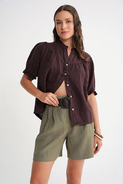Mixray 4725 Women's Drawstring Sleeve Ruffled Muslin Shirt Brown