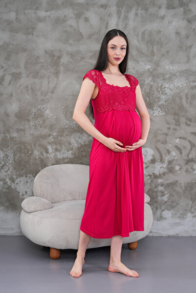 CT MODA Women's Fuchsia Lace Summer Special Design 100% Cotton Maternity Nightgown