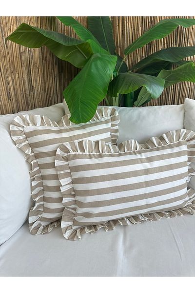 Decamor home Beige Striped Ruffle Throw Pillow Case 1 Piece