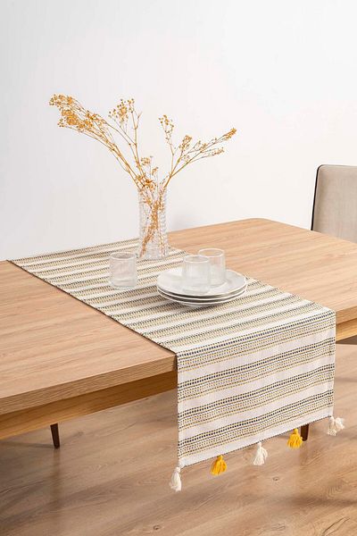Rivaİstanbul Ruffle Tassel Βαμβακερό Ακατέργαστο Λινό Runner 50x130 cm