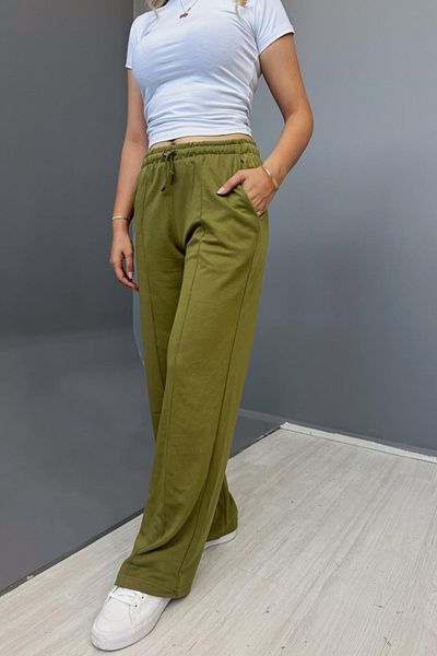 Tarz Cool Women's Khaki Striped 2 Thread Wide Leg Sweatpants