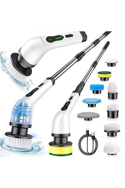 OEM Multifunctional Rotary Electric Brush 9-in-1 with Telescopic Handle and Digital Display, White