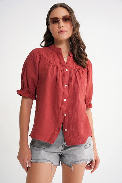 Mixray 4725 Women's Gathered Robe Sleeve Ruffled Muslin Shirt Cranberry
