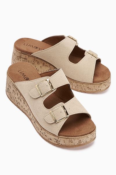 Limoya Samina Beige Suede Double Striped Wedge Heeled Women's Slippers