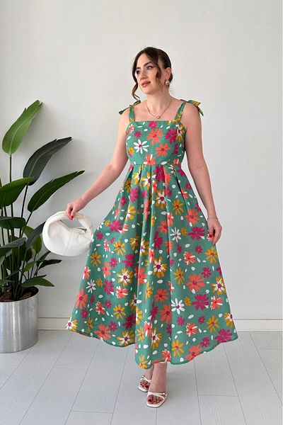 MaziButik Flower Strap Dress Çağla Green